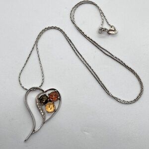 Vtg Sterling Multi Colour Baltic Amber & CZ Heart Necklace 17.2” + 1.2” Pendant